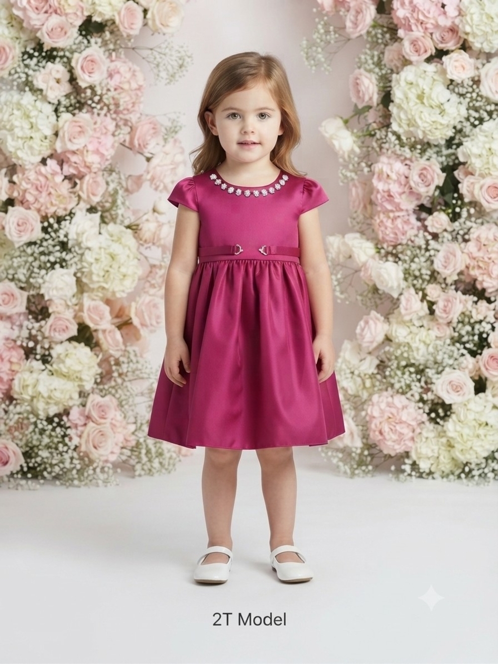 Girls Fuchsia Satin Party Dress with Jewel Neckline, S2T Girl, GUC